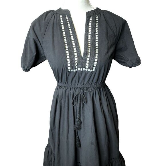 Madewell Black Poplin Tired Maxi Dress Embroidered Puff Sleeve Sz XXS - Picture 2 of 8